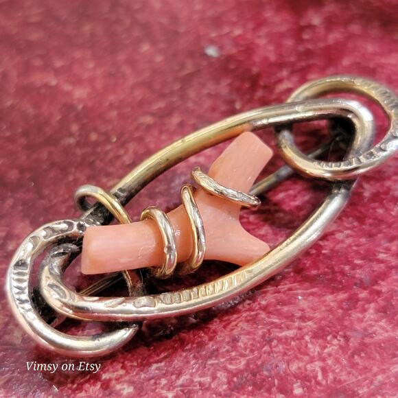 Victorian 14K Gold Love Knot Brooch with Pink Coral -Heirloom - Picture 9 of 10